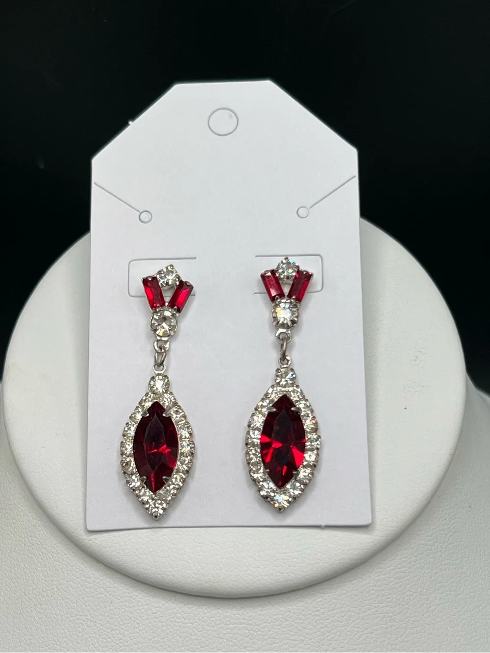 Vtg Red Rhinestone Dangle Earrings Silver Tone Marquise Glass Stones Art Deco